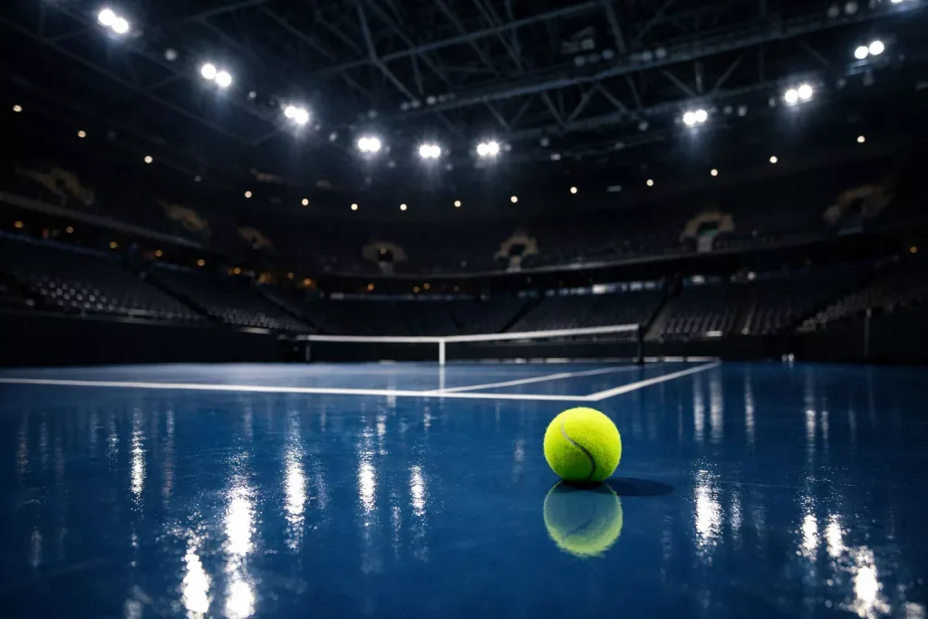Indoor-Hartplatz bei einem ATP-Turnier mit Scheinwerferlicht von oben