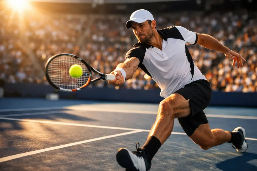 Tennisspieler schlägt Vorhand auf Hartplatz bei ATP-Turnier 2026