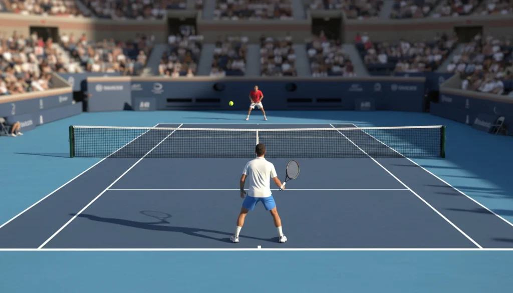 Professioneller Tennisplatz mit Herren- und Damentennismatch