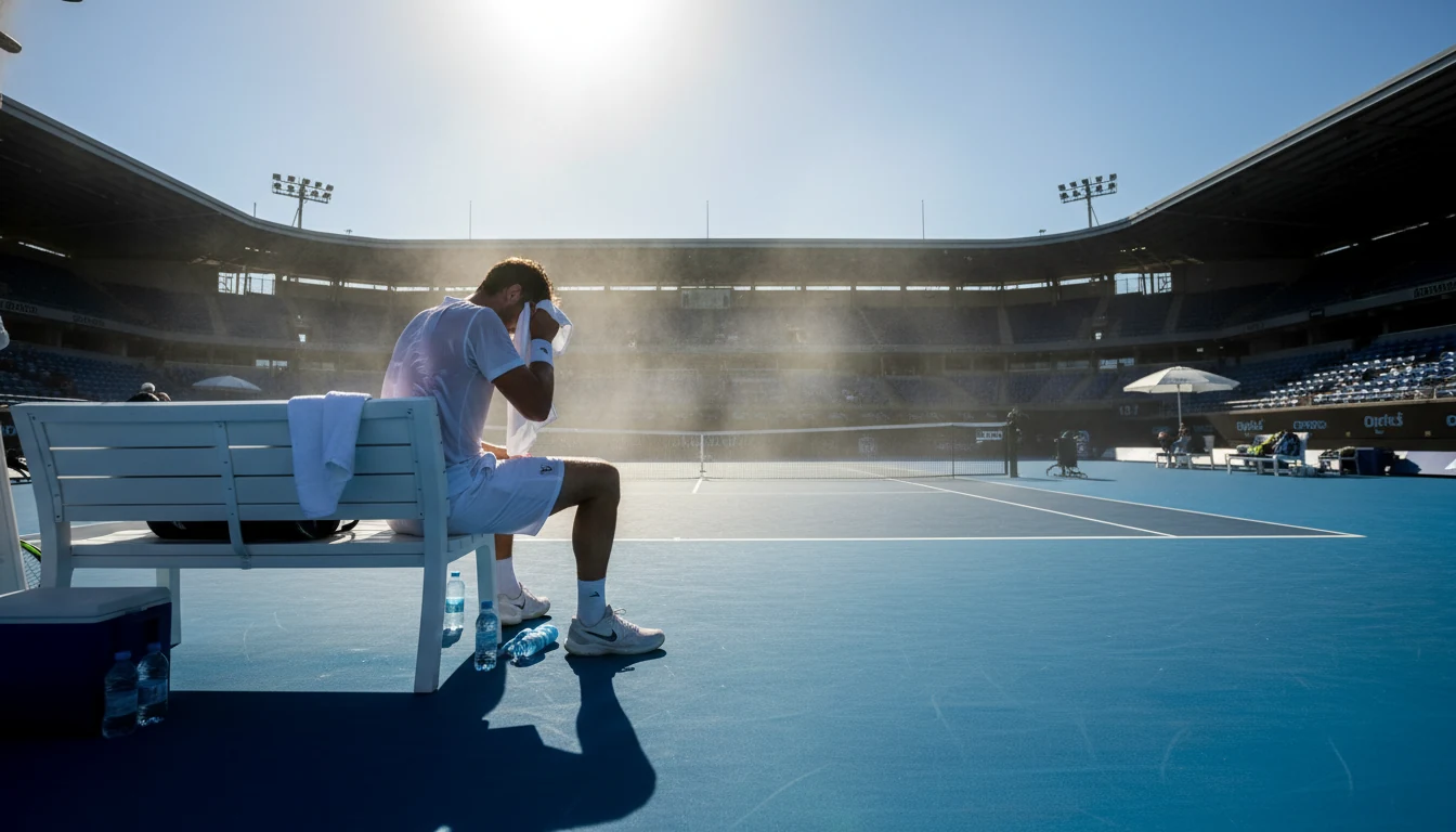 Tennisspieler auf blauem Hartplatz unter heißer australischer Sonne