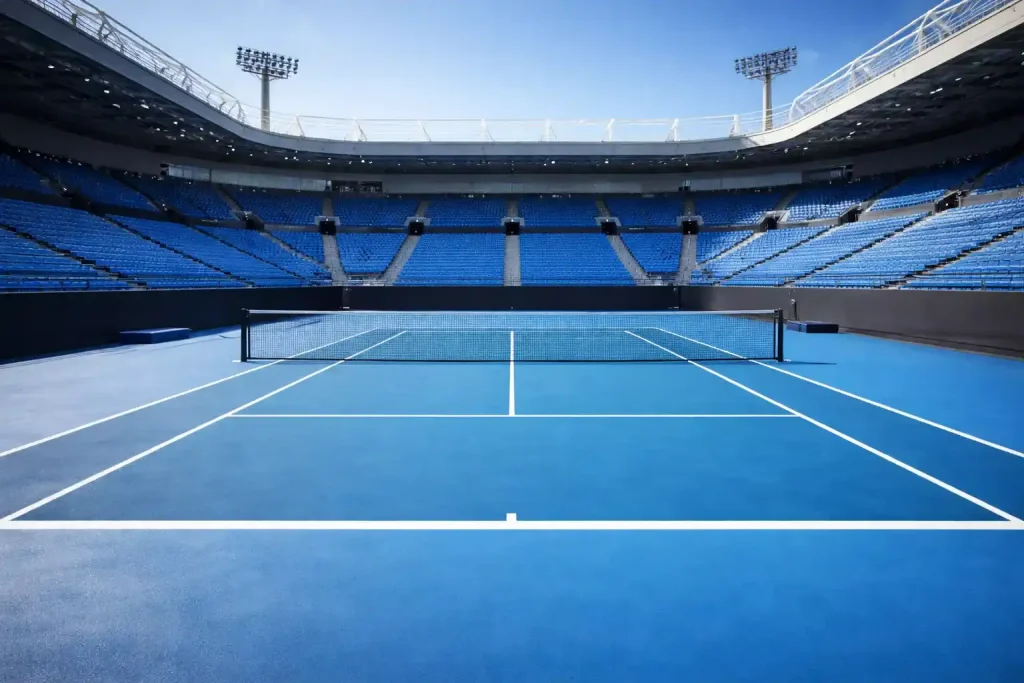 Blick auf den Hartplatz der Australian Open in Melbourne bei Sonnenschein