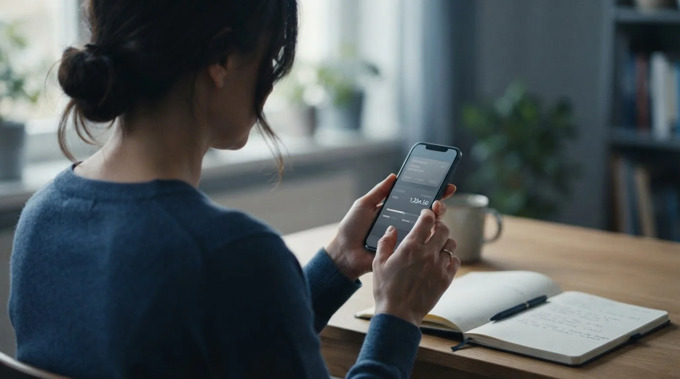 Person überprüft Auszahlungslimits auf Smartphone, Hände im Fokus