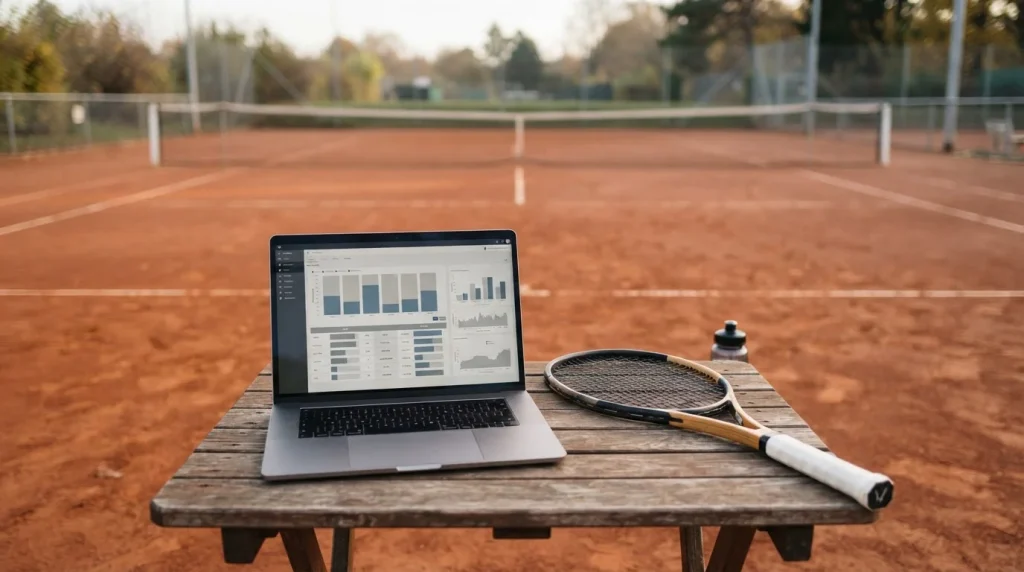 Davis Cup Tennis-Match mit Laptop im Vordergrund für Wettvergleich