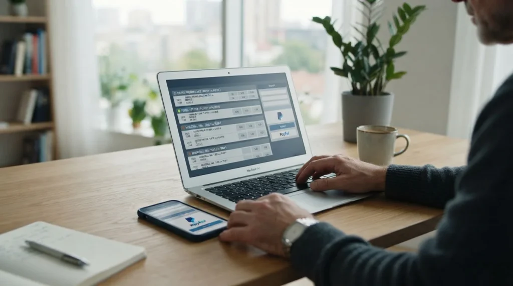Laptop und Smartphone zeigen eine Wettplattform mit PayPal als Zahlungsoption