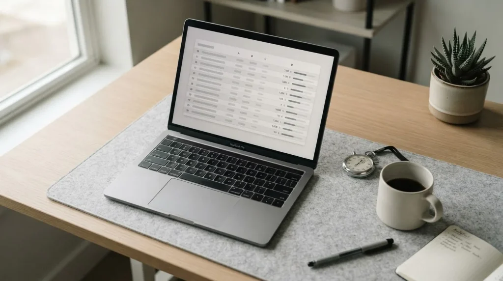 Laptop mit Auszahlungsübersicht und Stoppuhr symbolisieren Geschwindigkeit bei Wettanbieter-Transaktionen