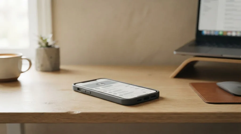 Smartphone mit digitaler Zahlungs-App auf neutralem Schreibtisch zur Veranschaulichung von Aircash-Zahlungen bei deutschen Wettanbietern