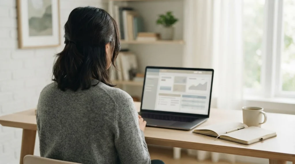 Person analysiert Wettanbieter-Optionen am Laptop in ruhiger Arbeitsumgebung