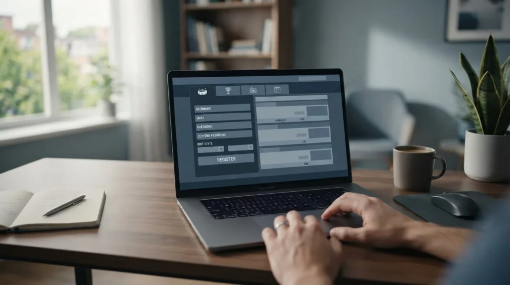 Laptop mit abstraktem Sportwetten-Interface und symbolischer Darstellung vereinfachter Registrierung