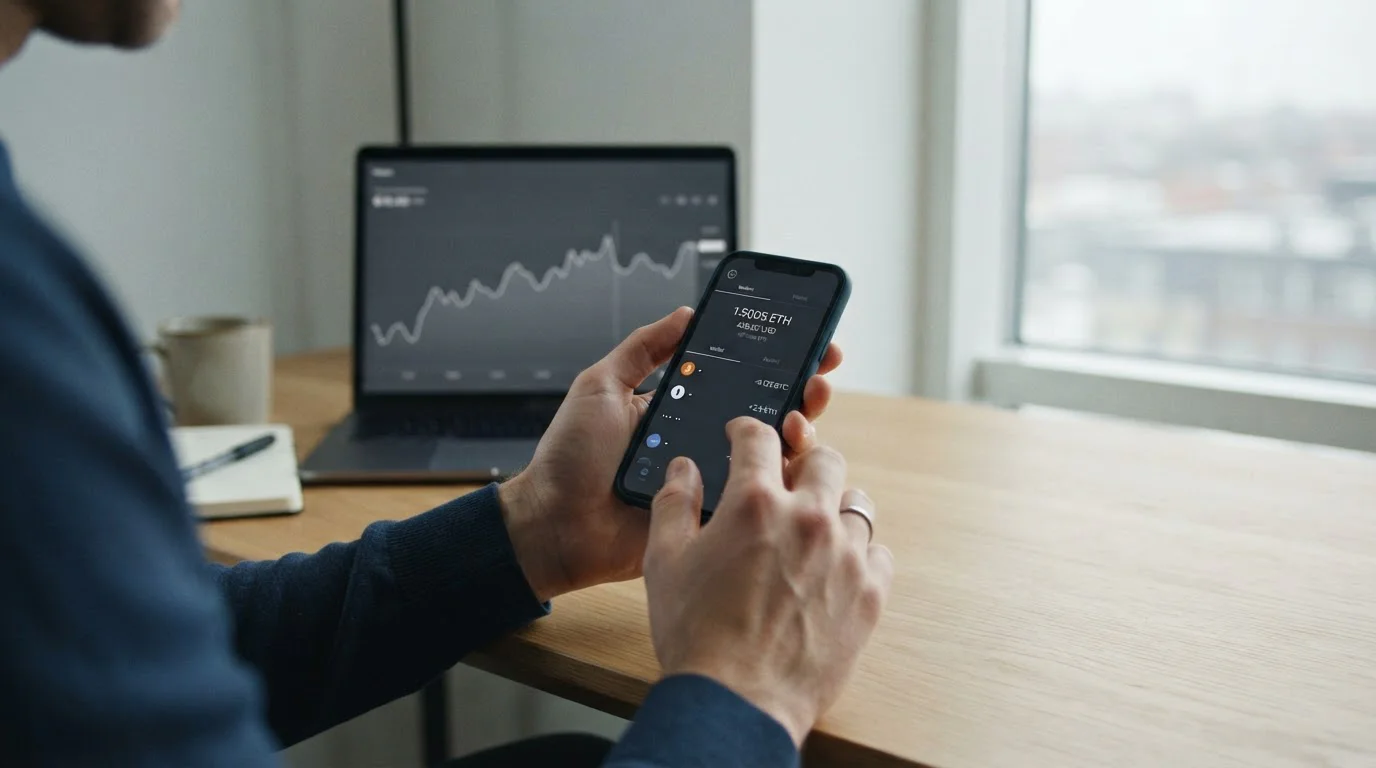 Smartphone mit abstrakter Krypto-Wallet und Kursverlauf im Hintergrund