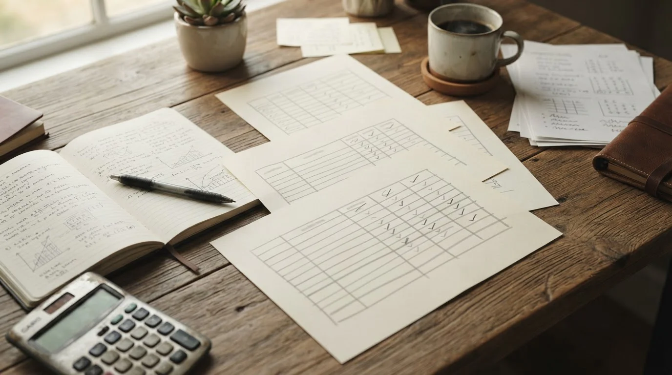 Analytischer Arbeitsplatz mit Dokumenten und Notizen zum Vergleich von Wettanbietern