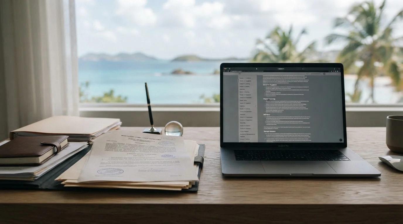 Dokumente und Laptop mit regulatorischen Informationen auf neutralem Hintergrund