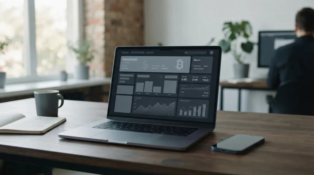 Laptop mit neutraler Wettplattform und Bitcoin-Symbol auf minimalistischem Schreibtisch