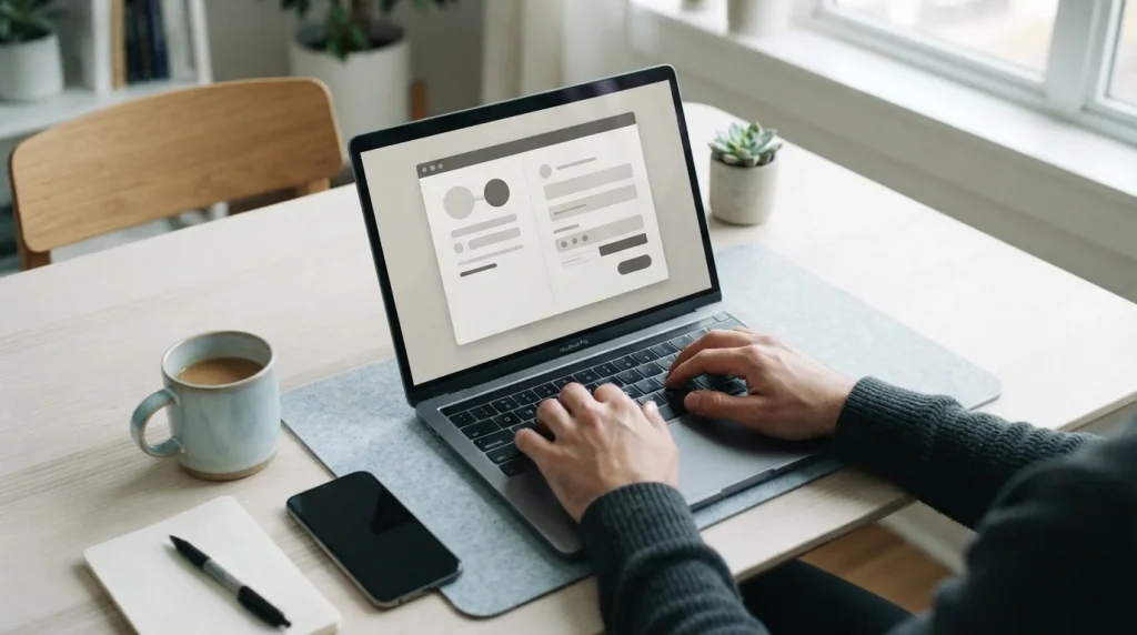 Person arbeitet am Laptop mit neutralem Zahlungsformular auf dem Bildschirm