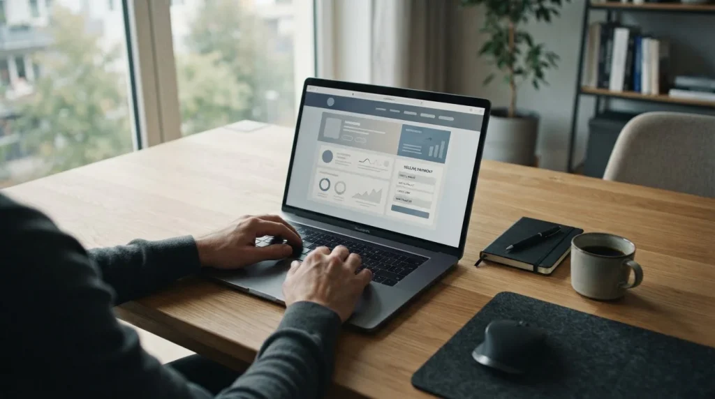 Laptop mit Sportwetten-Plattform und neutraler Zahlungsschnittstelle auf Schreibtisch