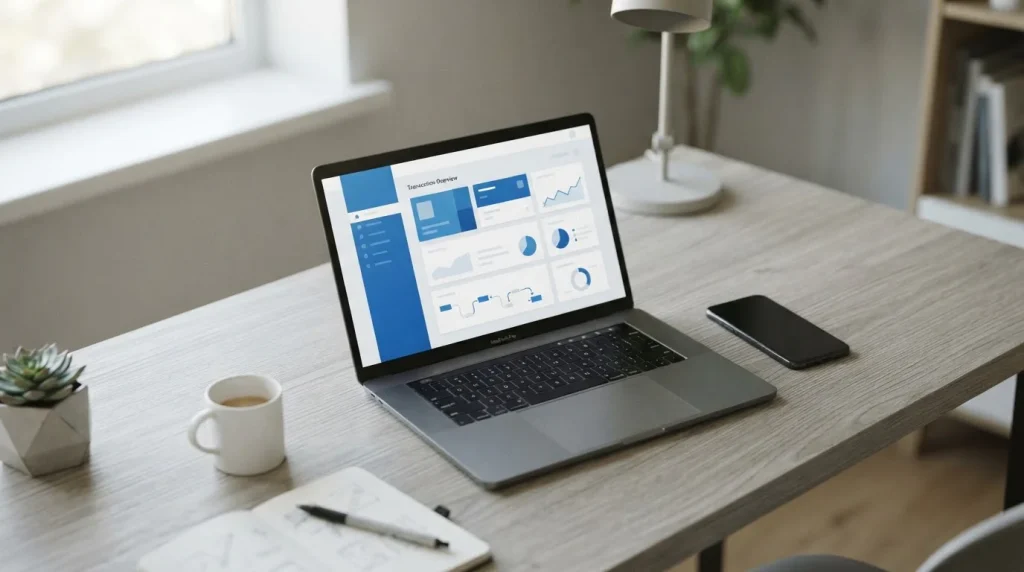 Laptop mit Zimpler-Zahlungsschnittstelle und Smartphone auf neutralem Schreibtisch
