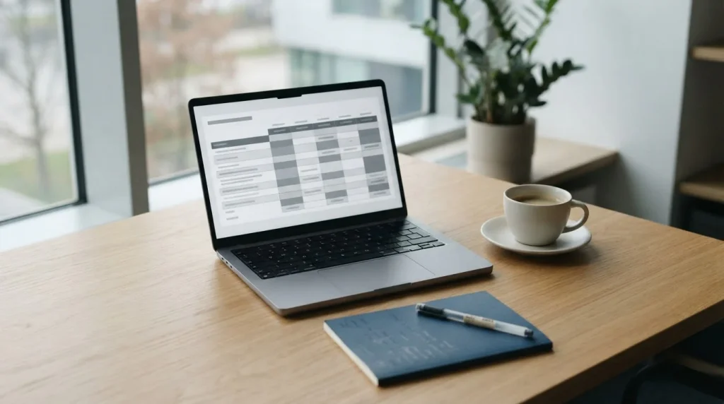 Workspace mit Laptop und neutralem Wettvergleich auf dem Bildschirm