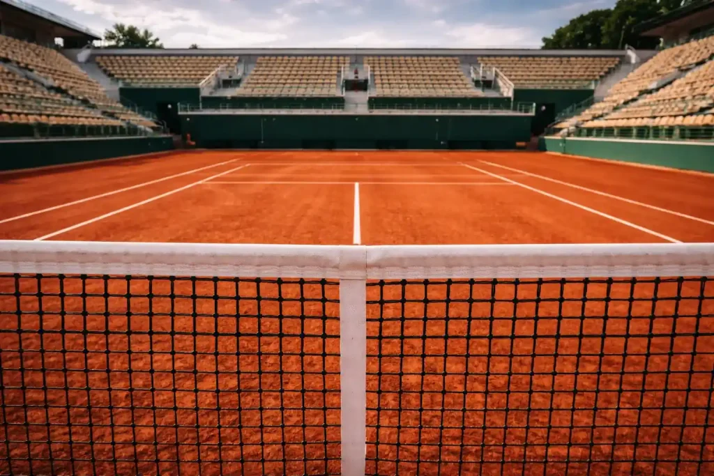 Roter Sandplatz bei Roland Garros in Paris mit Netz im Vordergrund