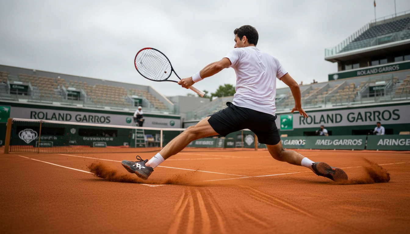 Tennisspieler gleitet auf rotem Sandplatz in Roland Garros