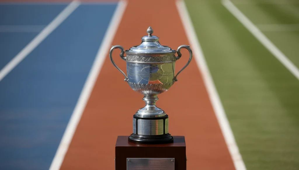Vier Grand Slam Trophäen auf verschiedenen Belägen dargestellt