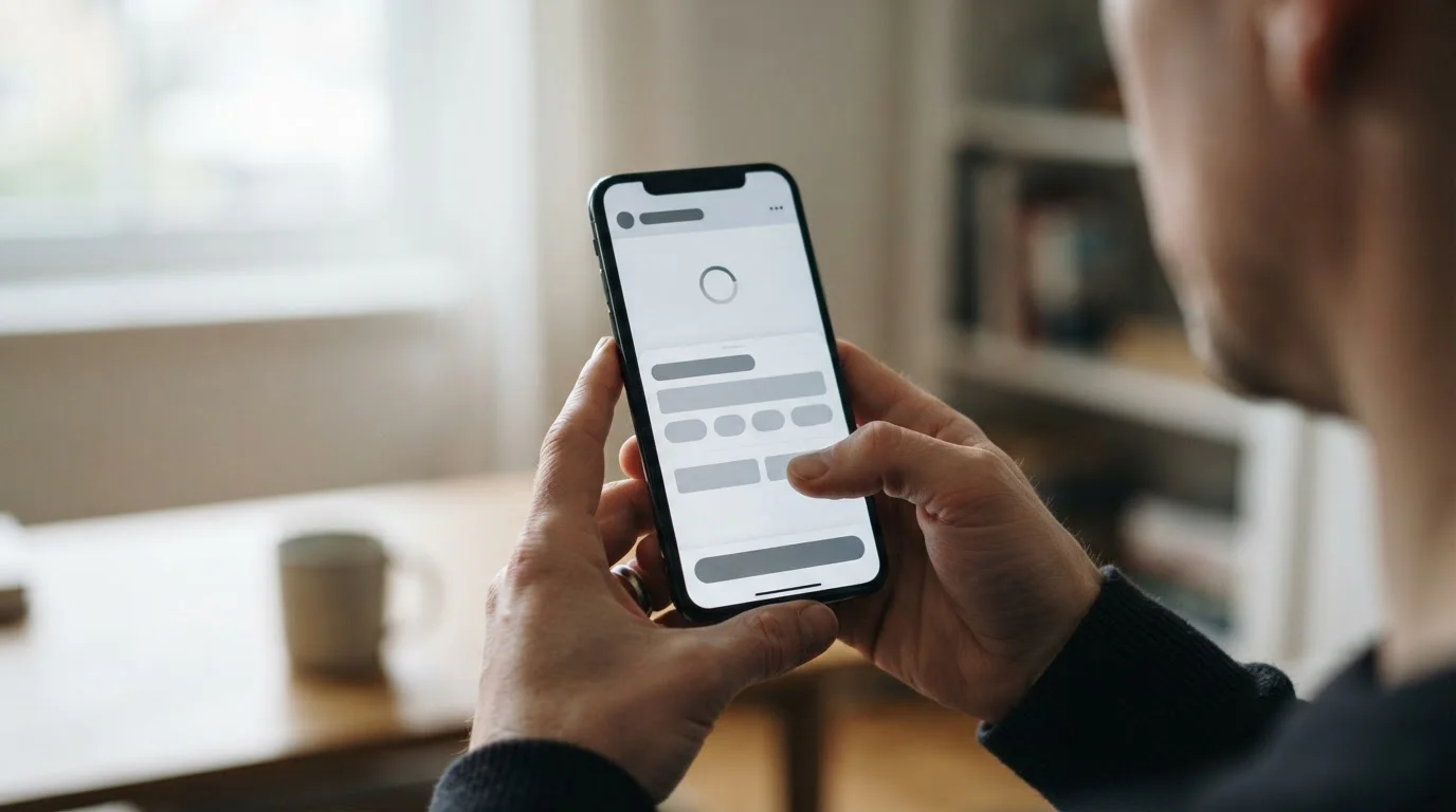 Hand tippt auf Smartphone während einer Online-Zahlungsabwicklung