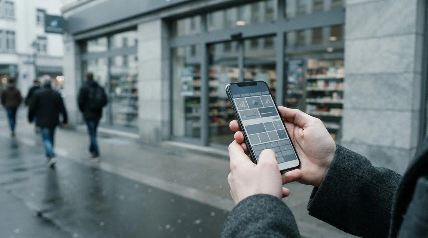 Smartphone mit Online-Wettplattform vor einem stationären Wettbüro