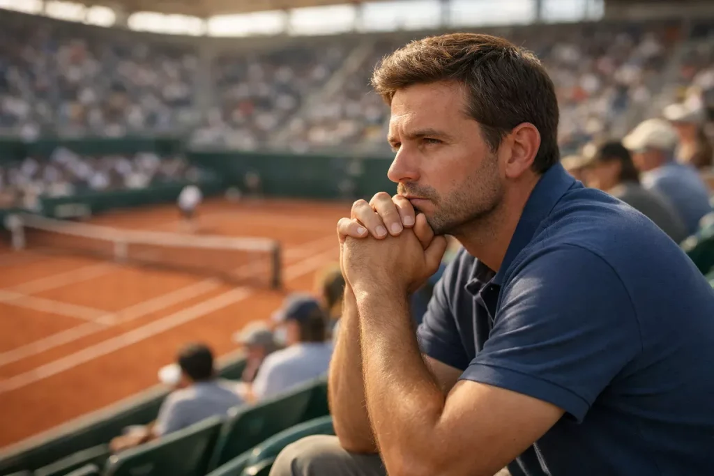 Nachdenklicher Zuschauer verfolgt konzentriert ein Tennismatch auf der Tribüne