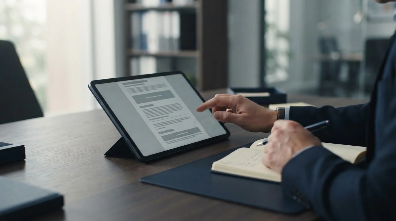 Tablet mit Gesetzestexten zur deutschen Glücksspielregulierung auf einem Schreibtisch
