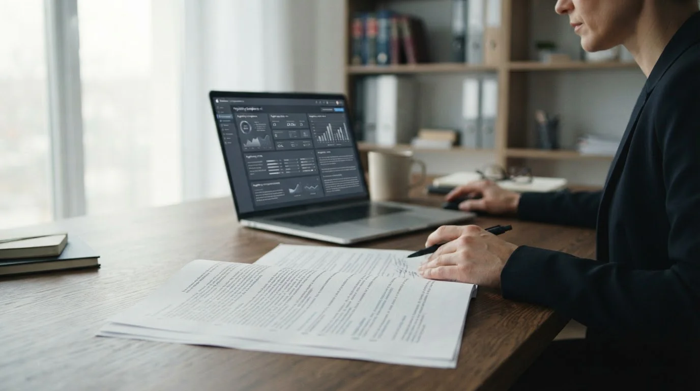 Dokument mit Paragrafen und Gesetzestexten neben Laptop auf Arbeitstisch