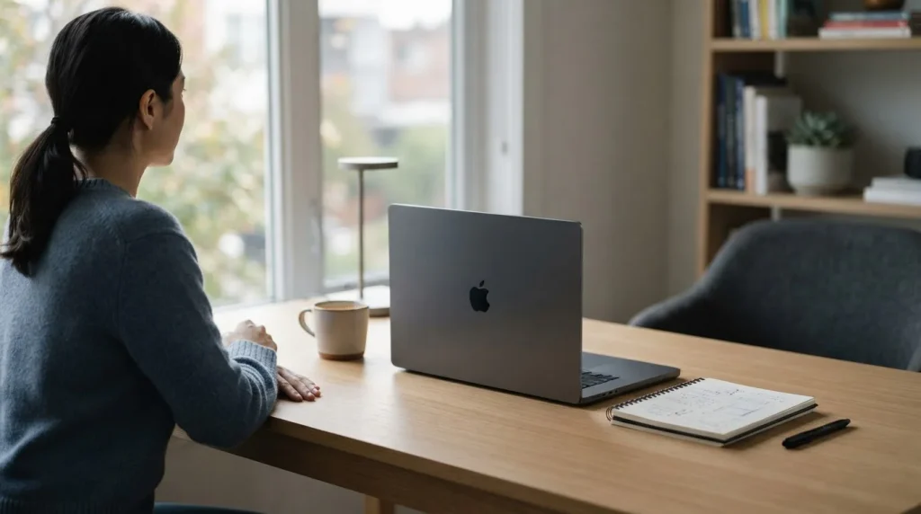 Laptop mit neutraler Sportwetten-Oberfläche auf Schreibtisch mit minimalistischer Dekoration