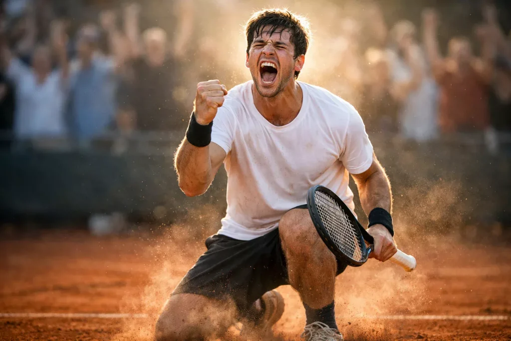 Junger Tennisspieler feiert einen überraschenden Sieg auf dem Platz