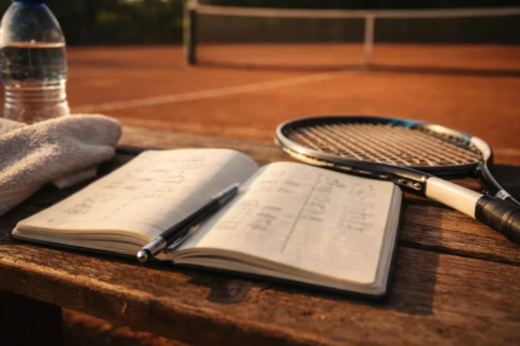 Notizbuch mit Stift neben einem Tennisschläger auf einer Bank