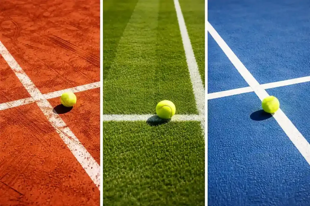 Dreigeteiltes Bild: Sandplatz, Rasenplatz und Hartplatz im Tennis