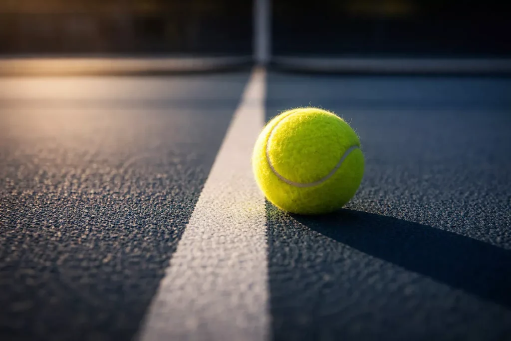 Nahaufnahme eines Tennisballs auf der Linie eines Hartplatzes