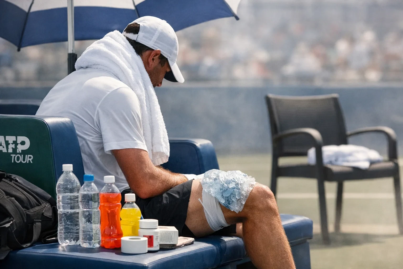 Tennisspieler macht Pause beim Seitenwechsel mit Handtuch