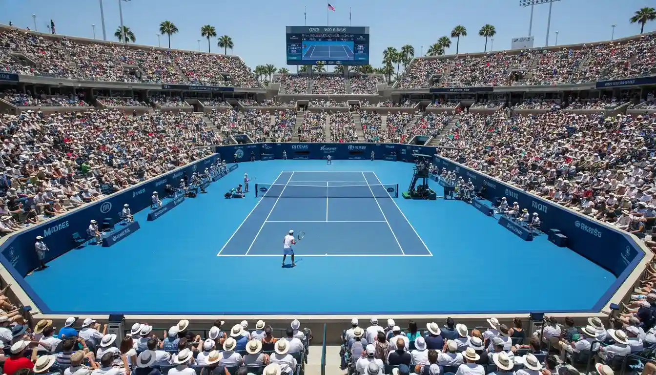 Tennisplatz mit Scoreboard und Zuschauertribüne bei einem Grand-Slam-Turnier