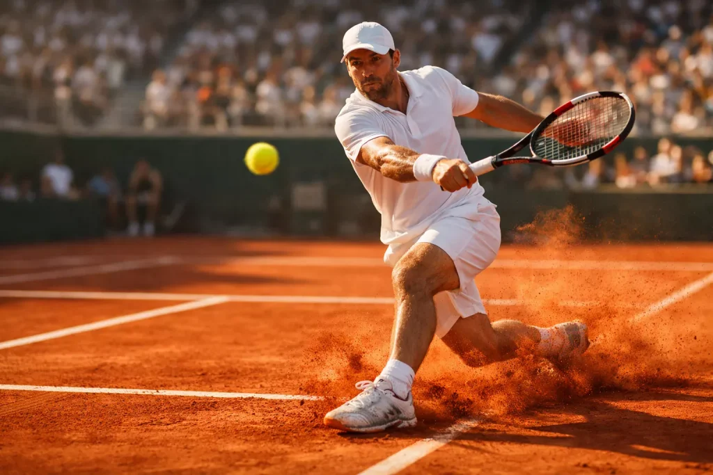 Tennisspieler schlägt kraftvoll auf einem Sandplatz bei Sonnenlicht