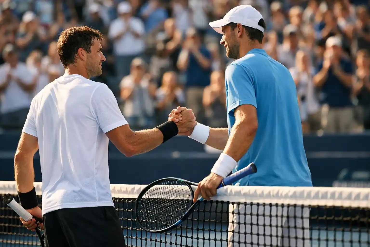 Zwei Tennisspieler am Netz nach dem Match beim Händedruck