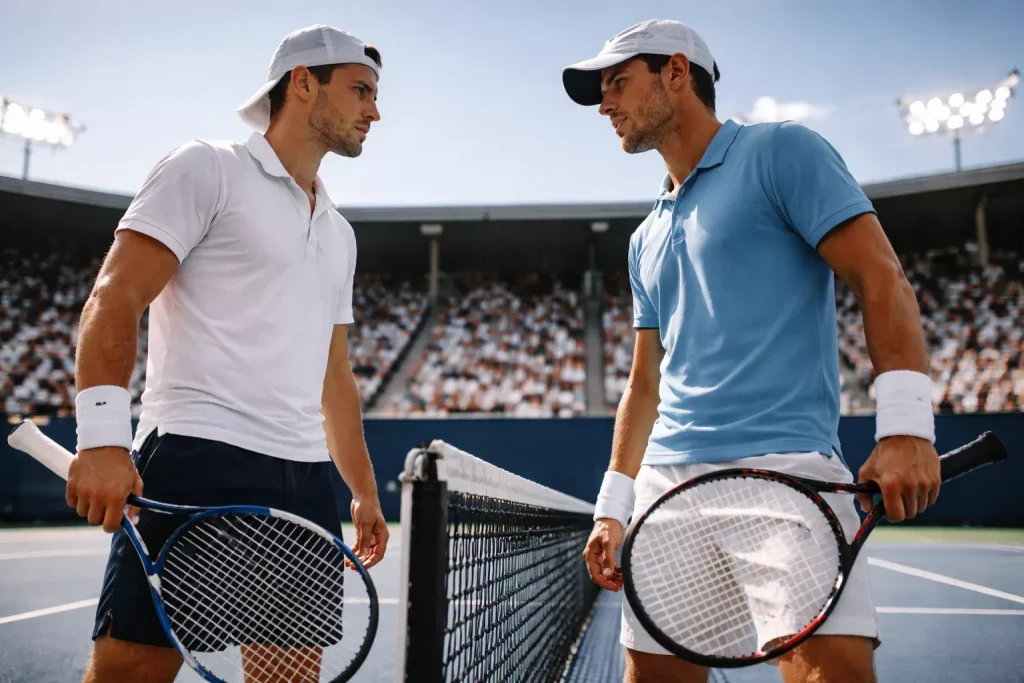 Zwei Tennisspieler stehen sich am Netz auf einem Hartplatz gegenüber