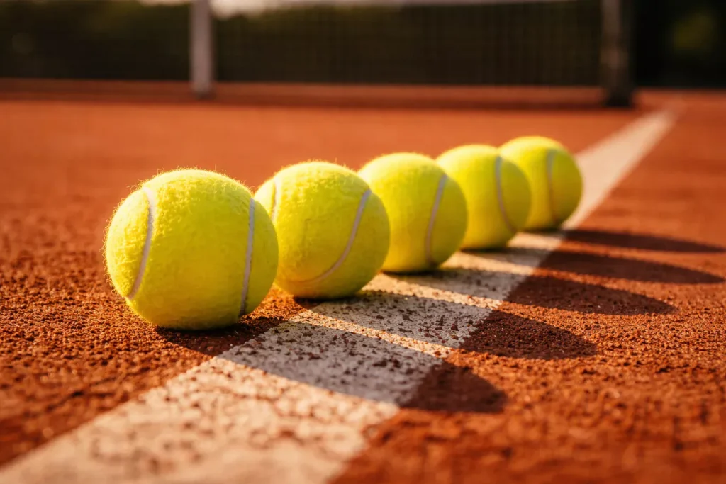 Mehrere Tennisbälle auf einem Sandplatz neben einer weißen Linie