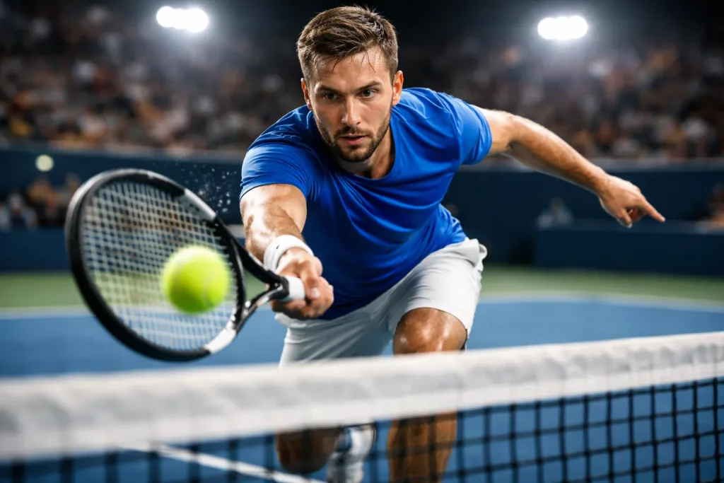 Tennisspieler reagiert blitzschnell am Netz während eines spannenden Matches