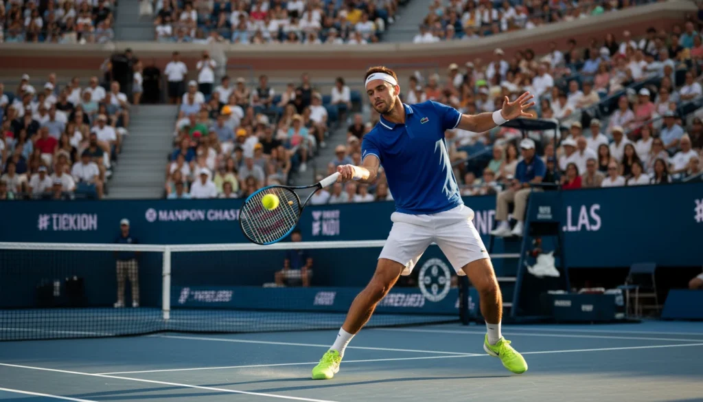 Tennisspieler schlägt Ball während Live-Wette auf dem Bildschirm