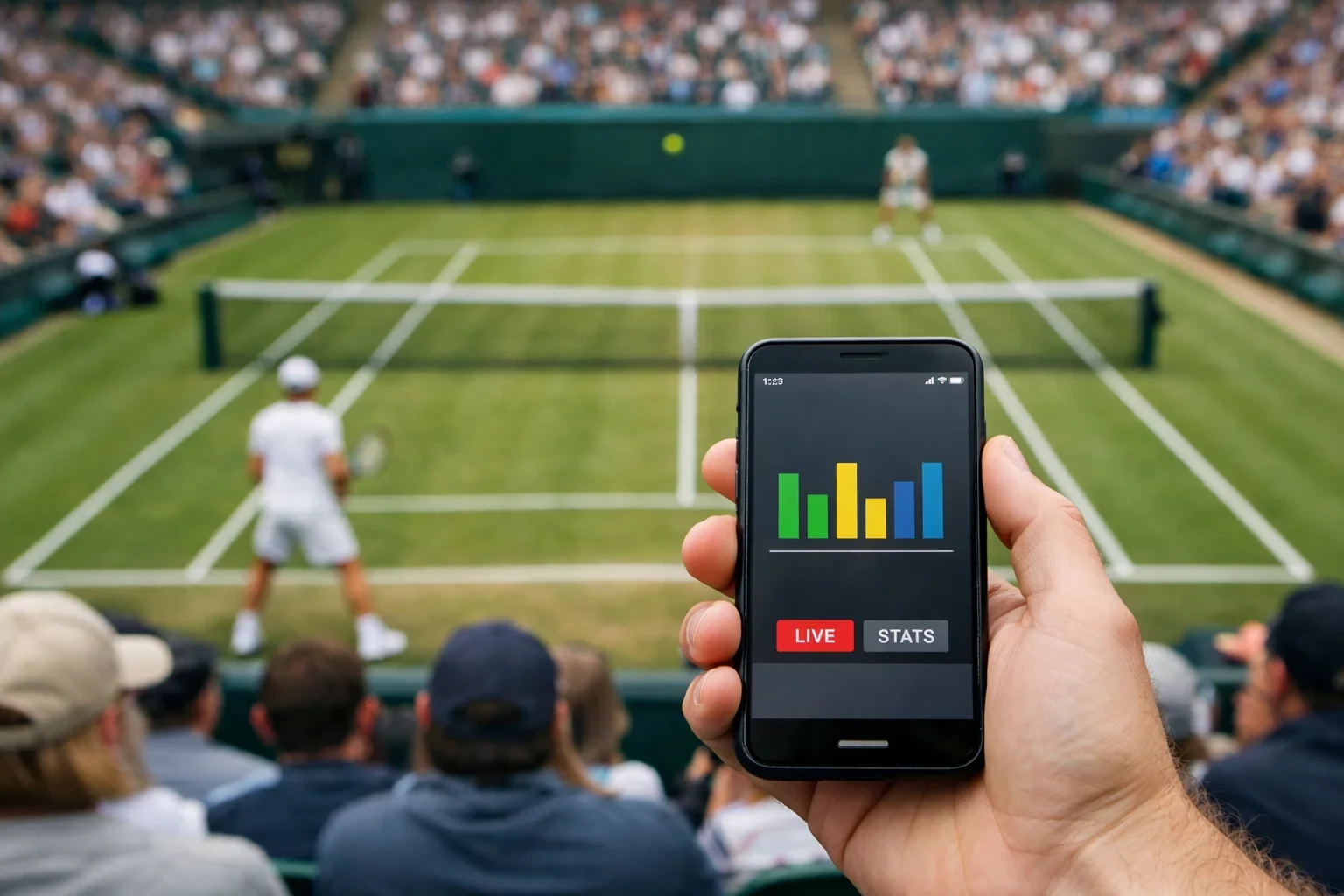 Fan schaut Tennismatch live im Stadion mit Smartphone in der Hand