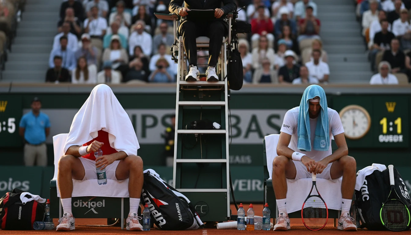 Erschöpfte Tennisspieler nach langem Fünfsatz-Match