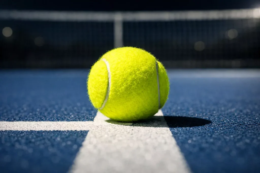 Nahaufnahme eines Tennisballs auf der Linie eines Hartplatzes bei Flutlicht
