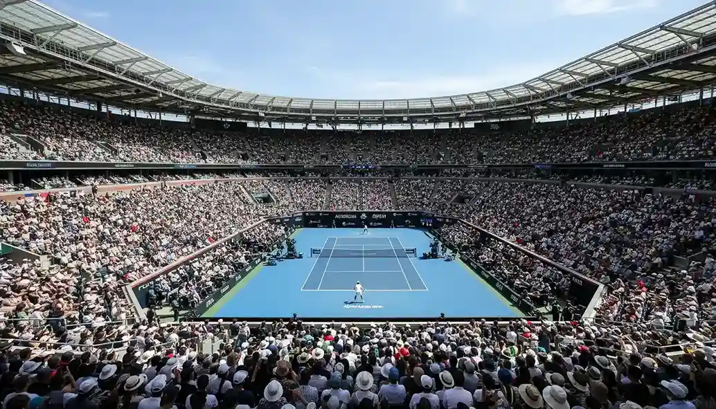 Tennisturnier mit vollem Stadion bei einem Grand Slam Event