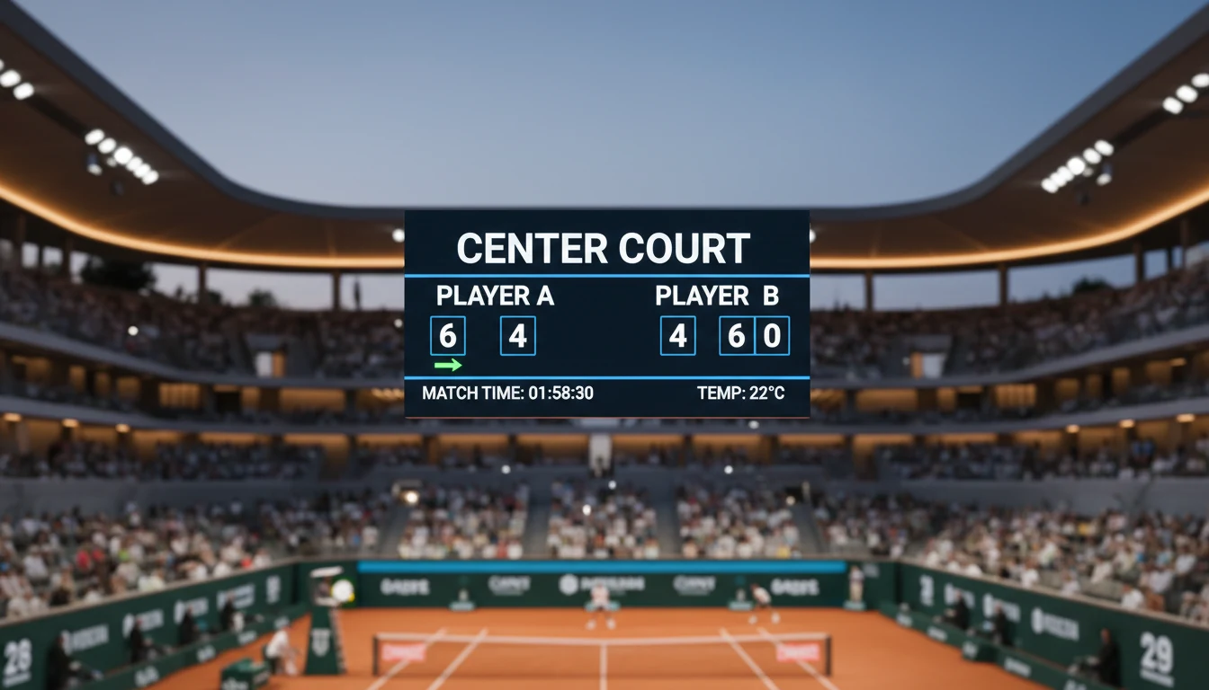 Tennisanzeigetafel mit Satzstand während eines Matches