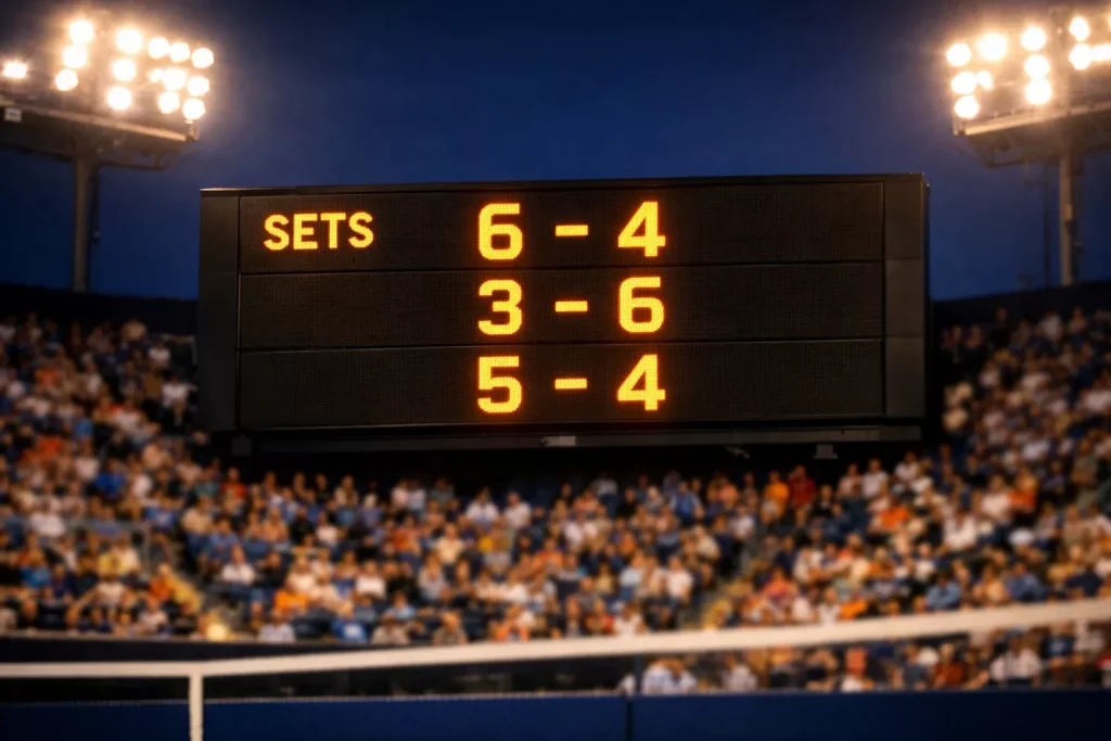 Anzeigetafel eines Tennismatches mit Satzständen in einem großen Stadion