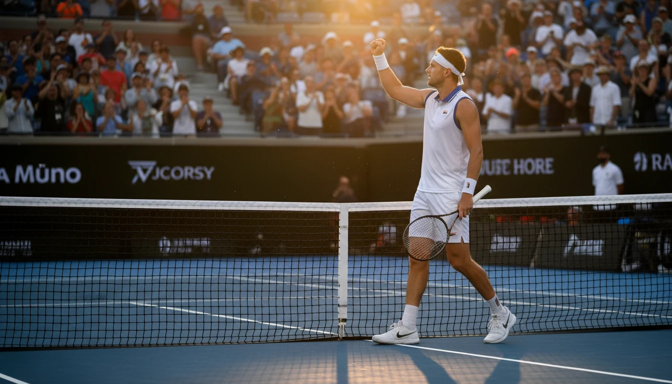 Tennisspieler beim Matchball am Netz