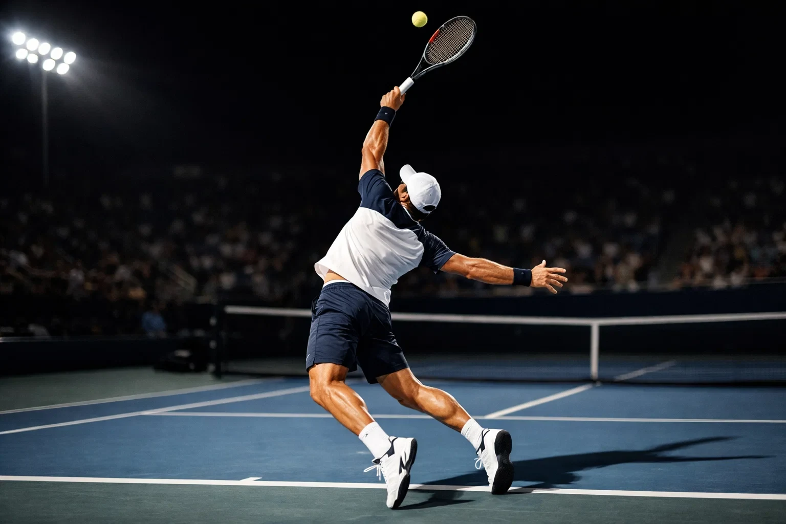 Tennisspieler schlägt kraftvollen Aufschlag für ein Ass