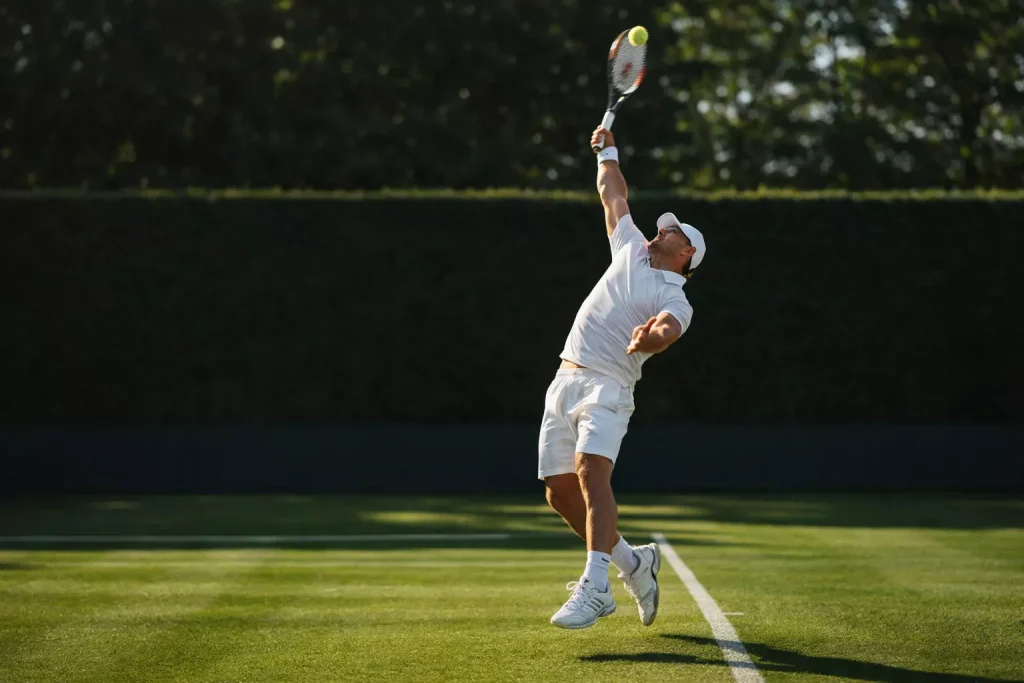 Tennisspieler beim kraftvollen Aufschlag auf Rasen mit fliegendem Ball